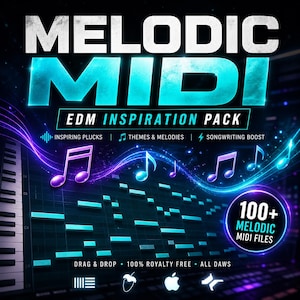 以下が含まれることがあります： 「Melodic MIDI EDM Inspiration Pack」を宣伝するデジタルグラフィック。画像には、大きな白い文字で「Melodic MIDI」というテキストが表示され、青色の光を放っています。追加のテキストには、「EDM Inspiration Pack」と「100+ Melodic MIDI Files」が含まれています。