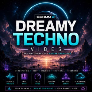 Peut inclure: Publicit&eacute; num&eacute;rique pour "Serum 2 Dreamy Techno Vibes". L'image pr&eacute;sente un fond cosmique avec le texte "Dreamy Techno Vibes" en grandes lettres blanches et turquoise. En dessous, elle r&eacute;pertorie des fonctionnalit&eacute;s telles que "Atmosph&eacute;rique", "Profond" et "M&eacute;lodique". Des ic&ocirc;nes repr&eacute;sentent des pr&eacute;r&eacute;glages, des fichiers MIDI, etc.