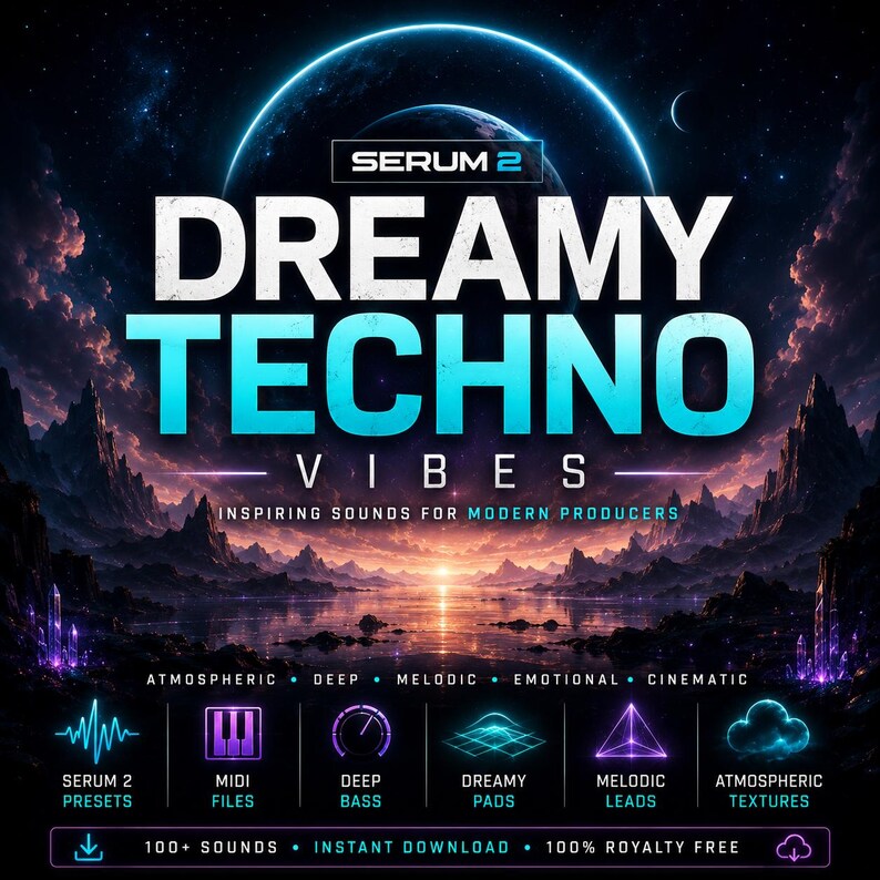 Peut inclure: Publicit&eacute; num&eacute;rique pour "Serum 2 Dreamy Techno Vibes". L'image pr&eacute;sente un fond cosmique avec le texte "Dreamy Techno Vibes" en grandes lettres blanches et turquoise. En dessous, elle r&eacute;pertorie des fonctionnalit&eacute;s telles que "Atmosph&eacute;rique", "Profond" et "M&eacute;lodique". Des ic&ocirc;nes repr&eacute;sentent des pr&eacute;r&eacute;glages, des fichiers MIDI, etc.