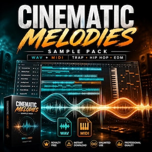 Puede incluir: Un paquete de muestras de producción musical digital titulado Cinematic Melodies, que presenta una caja negra con un gráfico de onda sonora azul y naranja brillante. La pantalla muestra una interfaz de estación de trabajo de audio digital.