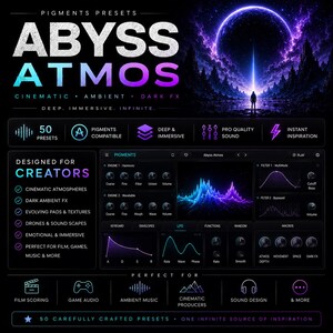 May include: A digital interface for "ABYSS ATMOS" with a dark theme. The design features a futuristic landscape with a person silhouetted against a glowing orb. Text includes "50 Presets", "Designed for Creators", and "Perfect for Film, Games, Music & More."