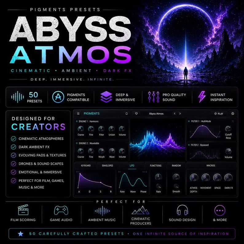 May include: A digital interface for "ABYSS ATMOS" with a dark theme. The design features a futuristic landscape with a person silhouetted against a glowing orb. Text includes "50 Presets", "Designed for Creators", and "Perfect for Film, Games, Music & More."