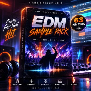 Puede incluir: Una caja rectangular para un paquete de muestras EDM con el texto "EDM SAMPLE PACK" y "63 WAV LOOPS". El diseño muestra la silueta de un DJ en un concierto con iluminación de neón, además de iconos para bucles en 24 bits y 44.1 kHz.