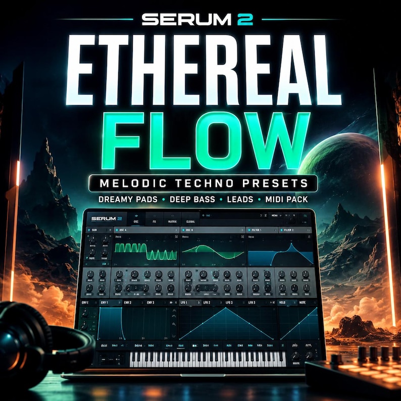 Peut inclure: Visuel num&eacute;rique pour "SERUM 2 Ethereal Flow", avec un ordinateur portable affichant une interface de production musicale. L'image pr&eacute;sente un design futuriste avec une plan&egrave;te et des accents n&eacute;on. Texte : "Melodic Techno Presets, Dreamy Pads, Deep Bass, Leads, MIDI Pack."