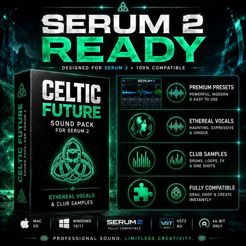 May include: A digital product box for the Celtic Future sound pack for Serum 2, featuring a glowing green triquetra symbol, text detailing premium presets, ethereal vocals, club samples, and compatibility with Mac OS and Windows 10/11 systems.