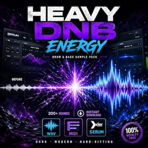 May include: A promotional graphic for a drum and bass sample pack. The image features the text "HEAVY DNB ENERGY" in white and purple, with the tagline "DRUM & BASS SAMPLE PACK." Additional text includes "200+ SOUNDS," "WAV," "MIDI," and "SERUM." The background is dark with purple and blue accents.