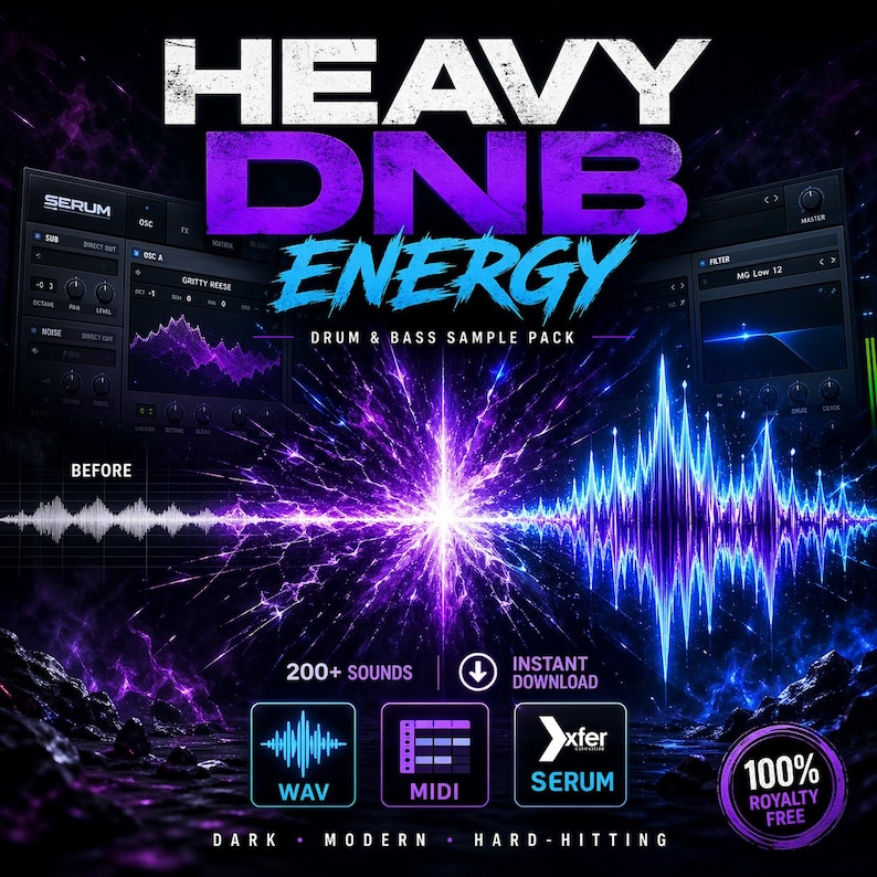 May include: A promotional graphic for a drum and bass sample pack. The image features the text "HEAVY DNB ENERGY" in white and purple, with the tagline "DRUM & BASS SAMPLE PACK." Additional text includes "200+ SOUNDS," "WAV," "MIDI," and "SERUM." The background is dark with purple and blue accents.