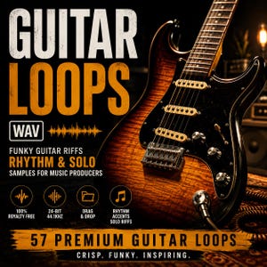Può includere: Una chitarra elettrica sunburst con battipenna nero e componenti cromati. Il testo recita: GUITAR LOOPS, WAV, FUNKY GUITAR RIFFS RHYTHM & SOLO, SAMPLES FOR MUSIC PRODUCERS, 100% ROYALTY FREE, 24-BIT 44.1KHZ, DRAG & DROP, RHYTHM ACCENTS SOLO RIFFS, 57 PREMIUM GUITAR LOOPS, CRISP. FUNKY. INSPIRING.