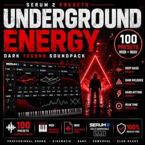May include: Promotional image for a dark techno soundpack. The graphic features the text "UNDERGROUND ENERGY" in large white letters over a red background. Includes a digital audio workstation interface, a silhouette, and icons for presets, MIDI, and WAV files.