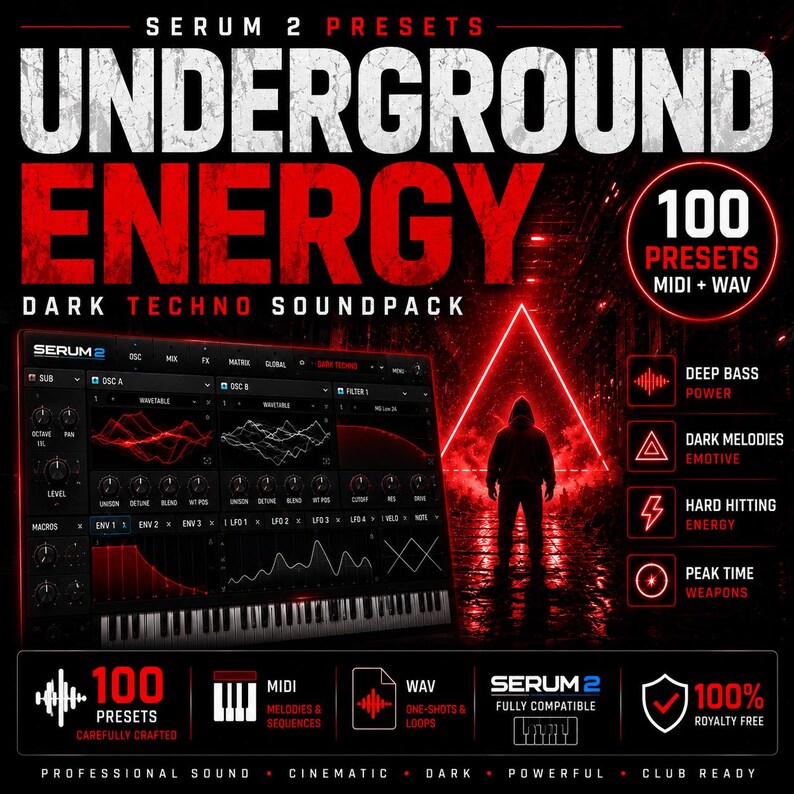 May include: Promotional image for a dark techno soundpack. The graphic features the text "UNDERGROUND ENERGY" in large white letters over a red background. Includes a digital audio workstation interface, a silhouette, and icons for presets, MIDI, and WAV files.