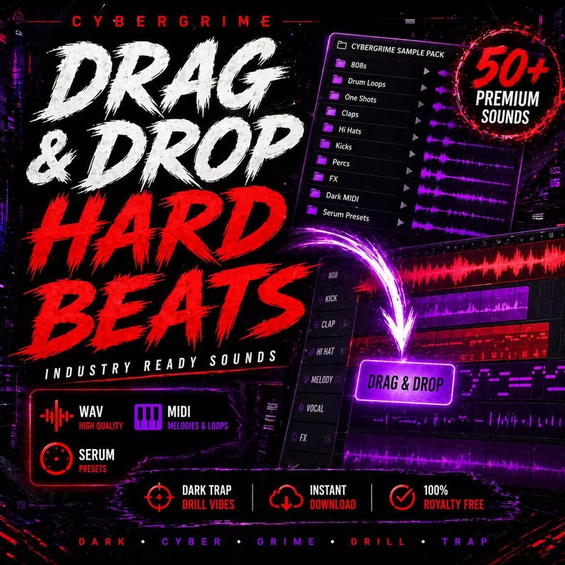 K&ouml;nnte beinhalten: Werbegrafik f&uuml;r Cybergrimes "Drag & Drop Hard Beats" Soundpack. Das Bild zeigt Text in Wei&szlig; und Rot mit einem lila und schwarzen Hintergrund. Es hebt WAV- und MIDI-Dateien, Serum-Presets hervor und enth&auml;lt den Text "50+ Premium Sounds."