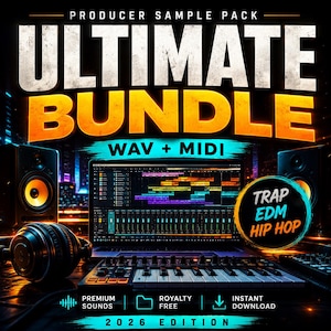 Può includere: Immagine promozionale per un pacchetto di campioni di un produttore musicale. Il testo recita "ULTIMATE BUNDLE" in grandi lettere in grassetto, con "WAV + MIDI" sotto. L'immagine include un laptop che mostra un'interfaccia di produzione musicale, una tastiera, cuffie e altoparlanti. Sono visibili anche le parole "TRAP EDM HIP HOP".