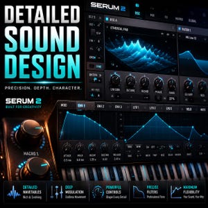 Peut inclure: Interface de station de travail audio num&eacute;rique avec le texte "DETAILED SOUND DESIGN" et "SERUM 2". L'interface pr&eacute;sente un fond sombre avec des graphiques bleus et blancs, notamment des formes d'onde, des boutons et un clavier. L'interface est con&ccedil;ue pour la production musicale.