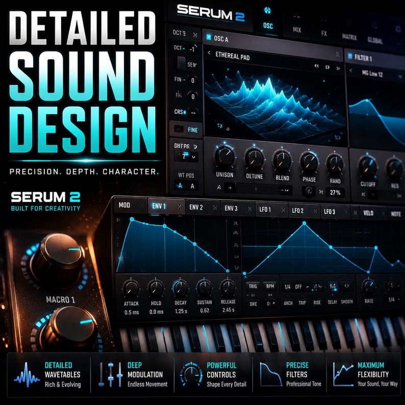 Peut inclure: Interface de station de travail audio num&eacute;rique avec le texte "DETAILED SOUND DESIGN" et "SERUM 2". L'interface pr&eacute;sente un fond sombre avec des graphiques bleus et blancs, notamment des formes d'onde, des boutons et un clavier. L'interface est con&ccedil;ue pour la production musicale.