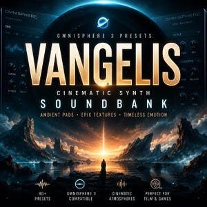 Könnte beinhalten: Ein digitales Grafikdesign, das eine Soundbank für Omnisphere 3 bewirbt, mit dem Namen "VANGELIS" in großen goldenen Buchstaben. Das Bild hat einen filmischen Landschaftshintergrund. Der Text enthält "Cinematic Synth Soundbank" und "Ambient Pads, Epic Textures, Timeless Emotion."