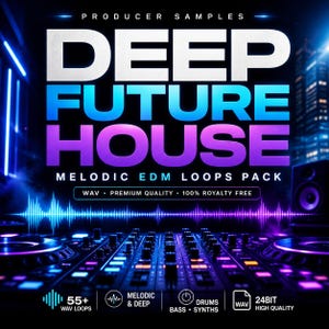 Może przedstawiać: Grafika promocyjna dla pakietu sampli muzycznych. Tekst "DEEP FUTURE HOUSE" jest wyróżniony dużymi, kolorowymi literami. Poniżej znajduje się napis "MELODIC EDM LOOPS PACK". Obraz zawiera mikser, fale dźwiękowe i ikony wskazujące funkcje.