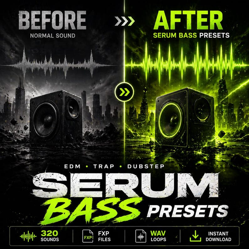 May include: A promotional graphic for Serum Bass Presets. The image is split, showing "Before" and "After" sound wave visualizations. The "After" side glows green. The text includes "EDM, Trap, Dubstep", "320 Sounds", and "Instant Download".