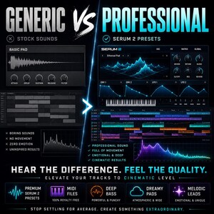 Peut inclure: Visuel comparant "G&eacute;n&eacute;rique" et "Professionnel" en conception sonore. Le c&ocirc;t&eacute; gauche montre "Sons de stock" avec une forme d'onde de pad basique et des descripteurs n&eacute;gatifs. Le c&ocirc;t&eacute; droit met en &eacute;vidence "Presets Serum 2" avec des visuels d'interface audio d&eacute;taill&eacute;s.