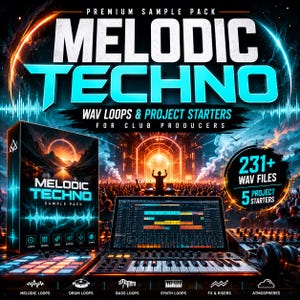 Könnte beinhalten: Werbebild für ein Melodic Techno Sample Pack. Das Bild zeigt den Text "MELODIC TECHNO" in großen, weißen und blauen Buchstaben sowie "WAV LOOPS & PROJECT STARTERS". Es zeigt auch eine Sample-Pack-Box, einen Laptop mit Musiksoftware und ein Mischpult.
