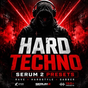Dark futuristic artwork of a hooded figure wearing headphones in front of red laser lights and a concert crowd, black and red color scheme with smoke effects, large “Hard Techno” text centered, intense rave atmosphere with Serum 2 preset details and hardstyle music branding below.