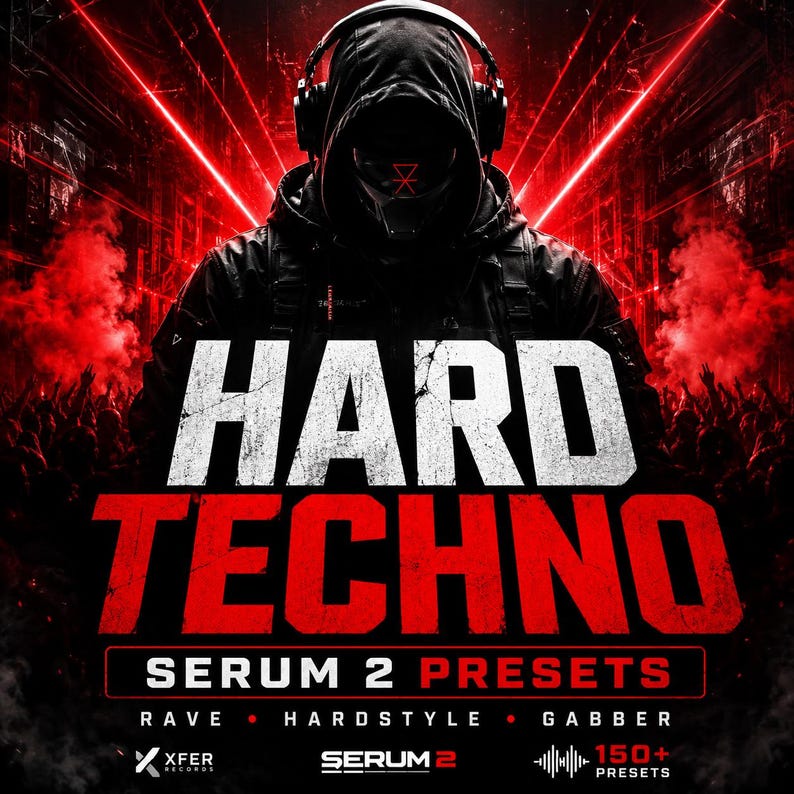 Dark futuristic artwork of a hooded figure wearing headphones in front of red laser lights and a concert crowd, black and red color scheme with smoke effects, large “Hard Techno” text centered, intense rave atmosphere with Serum 2 preset details and hardstyle music branding below.