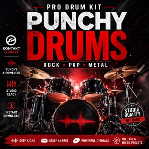Puede incluir: Imagen promocional de un kit de batería profesional, con una batería completa con platillos. El texto "PUNCHY DRUMS" se muestra prominentemente en rojo y blanco, con "ROCK POP METAL" debajo. Texto adicional incluye "STUDIO QUALITY HIT HARD".