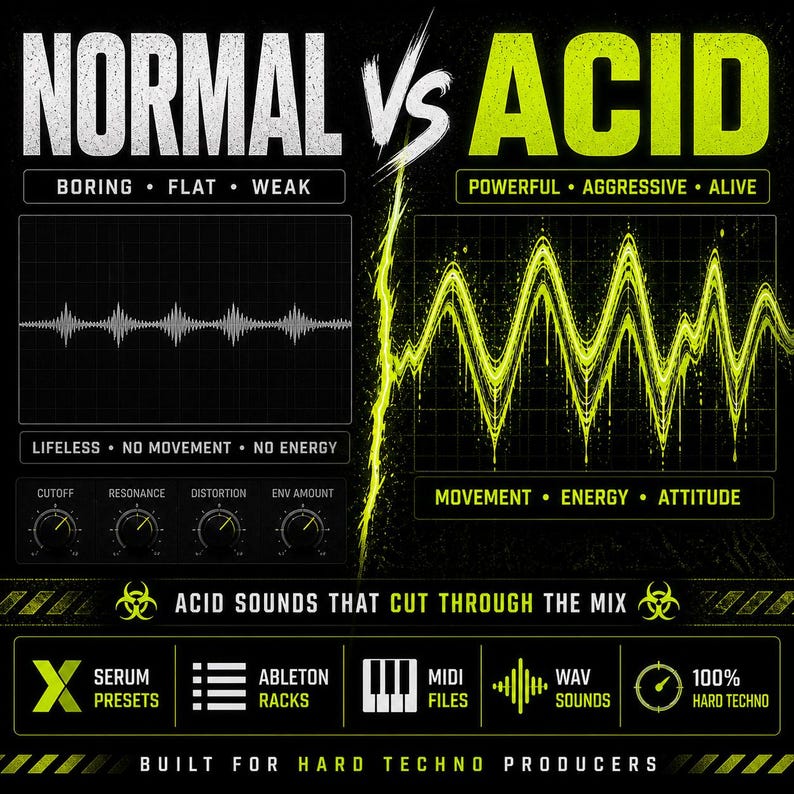 K&ouml;nnte beinhalten: Eine schwarz-gelbe Grafik, die "Normal"- und "Acid"-Sounds vergleicht, mit Wellenformdiagrammen und Text. Das Bild enth&auml;lt den Text "Acid Sounds That Cut Through The Mix" und Symbole f&uuml;r Serum Presets, Ableton Racks, MIDI-Dateien, WAV-Sounds und 100% Hard Techno.