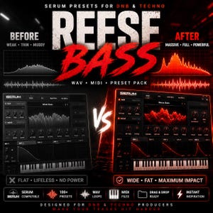 May include: A promotional image for "Reese Bass" serum presets for DNB & Techno music producers. The image features a before-and-after comparison of audio waveforms, showcasing the transformation from weak to massive sound. Includes text: WAV, MIDI, and preset pack.