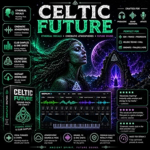 May include: A digital product advertisement for the Celtic Future sound pack for Serum 2. The graphic features a person with green skin patterns, a glowing purple portal, and a synthesizer interface with waveform displays and a keyboard.