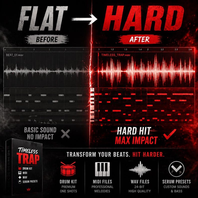 Puede incluir: Un anuncio de un producto de producci&oacute;n musical. La imagen muestra una comparaci&oacute;n de antes y despu&eacute;s de formas de onda de audio, etiquetadas como "FLAT" y "HARD". El producto, "TIMELESS TRAP", ofrece kits de bater&iacute;a, archivos MIDI, archivos WAV y presets de suero.