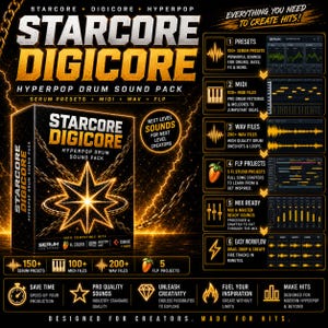 May include: A promotional graphic for a digital drum sound pack called "Starcore Digicore Hyperpop." The design features a black box with the product name and a starburst graphic, alongside icons and text highlighting features like presets, MIDI files, and WAV files.