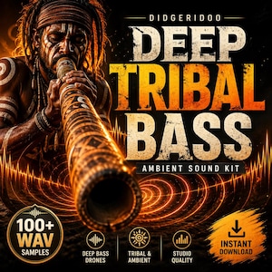 May include: An image promoting a "Deep Tribal Bass" ambient sound kit. The image features a person playing a didgeridoo, with text overlayed that reads "Deep Tribal Bass Ambient Sound Kit" and "100+ WAV Samples". The color scheme is primarily orange and black.