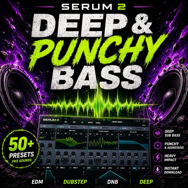 May include: A promotional graphic for Serum 2, with the text "DEEP & PUNCHY BASS" in white and neon green. The image includes a digital audio workstation interface, speakers, and the words "50+ PRESETS PRO SOUNDS". Keywords: EDM, Dubstep, DNB, Deep.