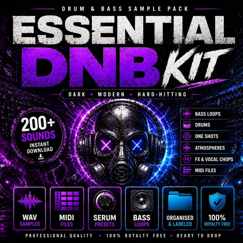 May include: A promotional graphic for a drum and bass sample pack. The design features a skull wearing headphones with glowing X-shaped eyes, surrounded by purple and blue energy effects. Text includes "ESSENTIAL DNB KIT" and various sound categories.