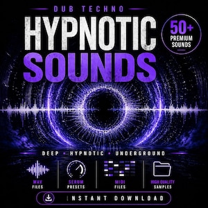 May include: A digital graphic promoting "Hypnotic Sounds" for Dub Techno music. The design features a dark background with a central circular pattern and sound wave visualizations in shades of purple and white. Text includes "Deep, Hypnotic, Underground" and "Instant Download."