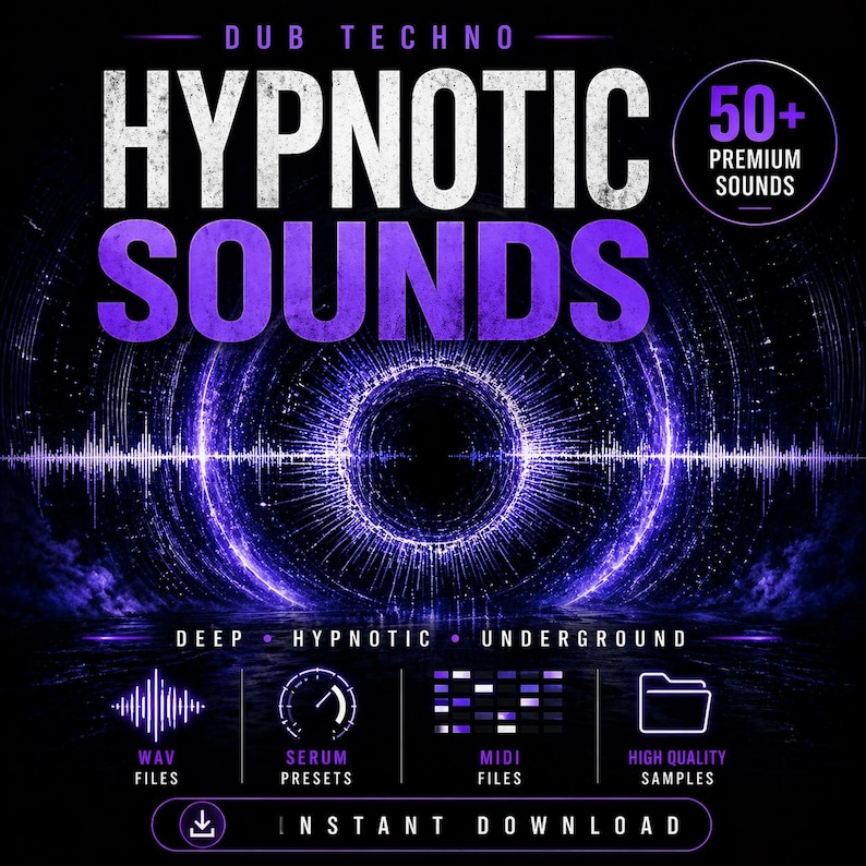 May include: A digital graphic promoting "Hypnotic Sounds" for Dub Techno music. The design features a dark background with a central circular pattern and sound wave visualizations in shades of purple and white. Text includes "Deep, Hypnotic, Underground" and "Instant Download."