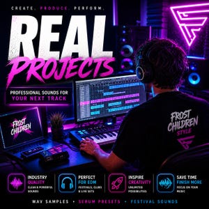 May include: A promotional image for "Real Projects" featuring a person using music production software. The image includes the text "Frost Children Style" and icons representing industry quality, EDM, creativity, and saving time. The background is dark with neon accents.