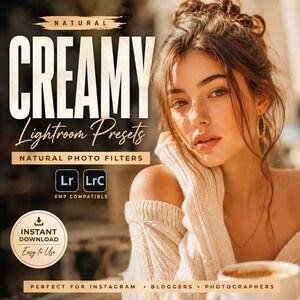 Close-up portrait of a woman in soft natural sunlight wearing a cream knit sweater, warm beige and creamy tones with blurred café-style background, large “Creamy Lightroom Presets” text on the left with filter details and icons below, cozy cinematic composition with subject on right.
