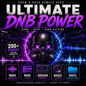 May include: A promotional graphic for a drum and bass sample pack. The image features a skull wearing a gas mask with glowing purple eyes, surrounded by electric blue and purple energy. Text includes "ULTIMATE DNB POWER" and "200+ SOUNDS".