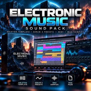 May include: A digital music production product titled Electronic Music Sound Pack, featuring a box with mountain imagery, a computer monitor displaying a colourful audio workstation interface, and a software synthesiser window with waveform graphics.