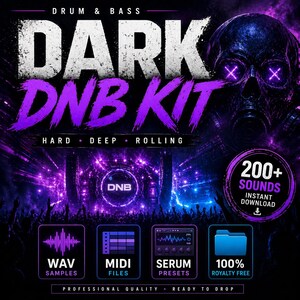 May include: A promotional image for a "Dark DNB Kit" music pack. The design features the text "DARK DNB KIT" in white and purple, with additional text indicating "Drum & Bass" music genre. The image includes graphics of a skull, sound waves, and icons for WAV samples, MIDI files, and Serum presets.