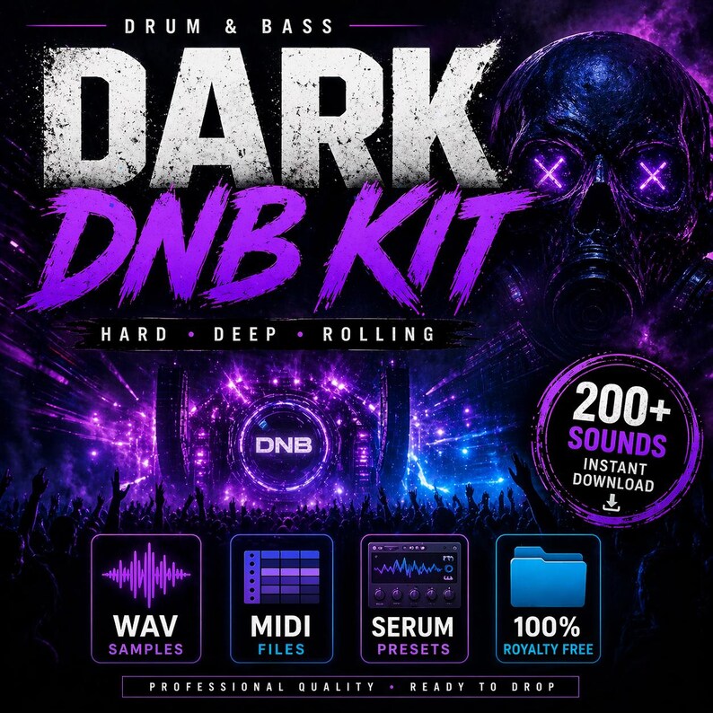 May include: A promotional image for a "Dark DNB Kit" music pack. The design features the text "DARK DNB KIT" in white and purple, with additional text indicating "Drum & Bass" music genre. The image includes graphics of a skull, sound waves, and icons for WAV samples, MIDI files, and Serum presets.