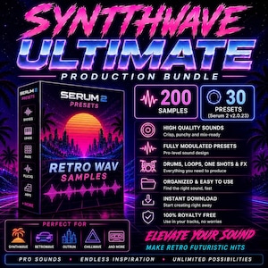 May include: A digital product advertisement titled Synthwave Ultimate Production Bundle featuring a box graphic with a sunset city skyline, 200 samples, and 30 Serum 2 presets. The design uses neon pink and blue text on a dark background with icons.