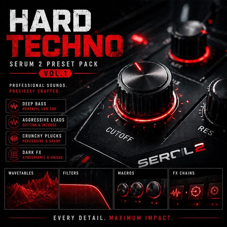 May include: Promotional image for a "Hard Techno Serum 2 Preset Pack Vol. 1." The image has a black and red colour scheme with text and graphics highlighting sound features. Knobs and controls are visible, with the word "CUTOFF" displayed.