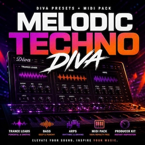 Könnte beinhalten: Werbebild für ein Musikproduktionspaket. Das Bild zeigt einen Synthesizer mit dem Text "MELODIC TECHNO DIVA" in großen, stilisierten Buchstaben. Unter dem Synthesizer befinden sich Symbole und Text, die Funktionen wie "Trance Leads" und "MIDI Pack" beschreiben.