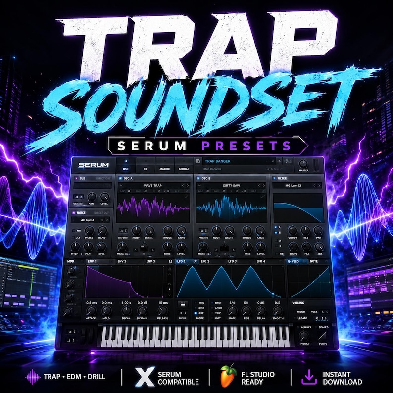 May include: A digital interface for Serum software displaying a Trap Soundset with purple and blue neon sound waves. The text reads TRAP SOUNDSET SERUM PRESETS, TRAP EDM DRILL, SERUM COMPATIBLE, FL STUDIO READY, and INSTANT DOWNLOAD with a fruit icon.