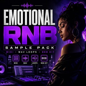 Könnte beinhalten: Werbebild für ein "Emotional RNB Sample Pack". Das Design zeigt den Text "EMOTIONAL RNB" in großen, lila Buchstaben. Darunter steht "SAMPLE PACK" mit Symbolen für MIDI, WAV-Loops und ein 808-Kit. Im Hintergrund ist eine Frau zu sehen.