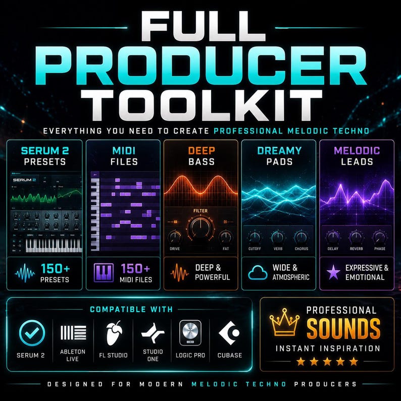 Peut inclure: Graphique promotionnel pour une "Full Producer Toolkit" pour cr&eacute;er de la musique techno m&eacute;lodique. Il pr&eacute;sente des sections pour les pr&eacute;r&eacute;glages Serum 2, les fichiers MIDI, la basse profonde, les pads oniriques et les leads m&eacute;lodiques. Compatible avec Ableton Live, FL Studio, Studio One, Logic Pro et Cubase.