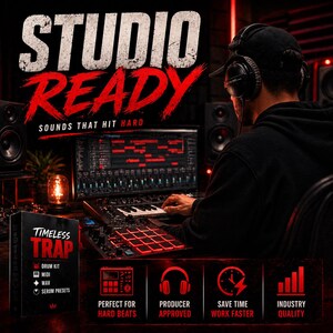 Puede incluir: Imagen de un productor musical trabajando en un estudio. La imagen presenta el texto "STUDIO READY" y "TIMELESS TRAP DRUM KIT". La imagen tambi&eacute;n incluye iconos y texto que dicen "PERFECT FOR HARD BEATS", "PRODUCER APPROVED", "SAVE TIME WORK FASTER" e "INDUSTRY QUALITY".