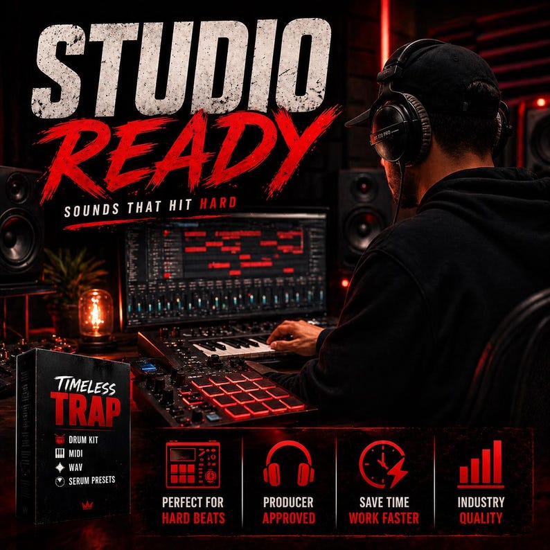 Puede incluir: Imagen de un productor musical trabajando en un estudio. La imagen presenta el texto "STUDIO READY" y "TIMELESS TRAP DRUM KIT". La imagen tambi&eacute;n incluye iconos y texto que dicen "PERFECT FOR HARD BEATS", "PRODUCER APPROVED", "SAVE TIME WORK FASTER" e "INDUSTRY QUALITY".
